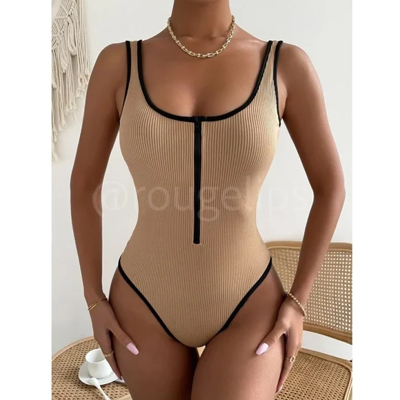 Tan Bodysuit Contrast Black Binding Trim Fitted Nude Beige Camel Ribbed Zip - Picture 2 of 7